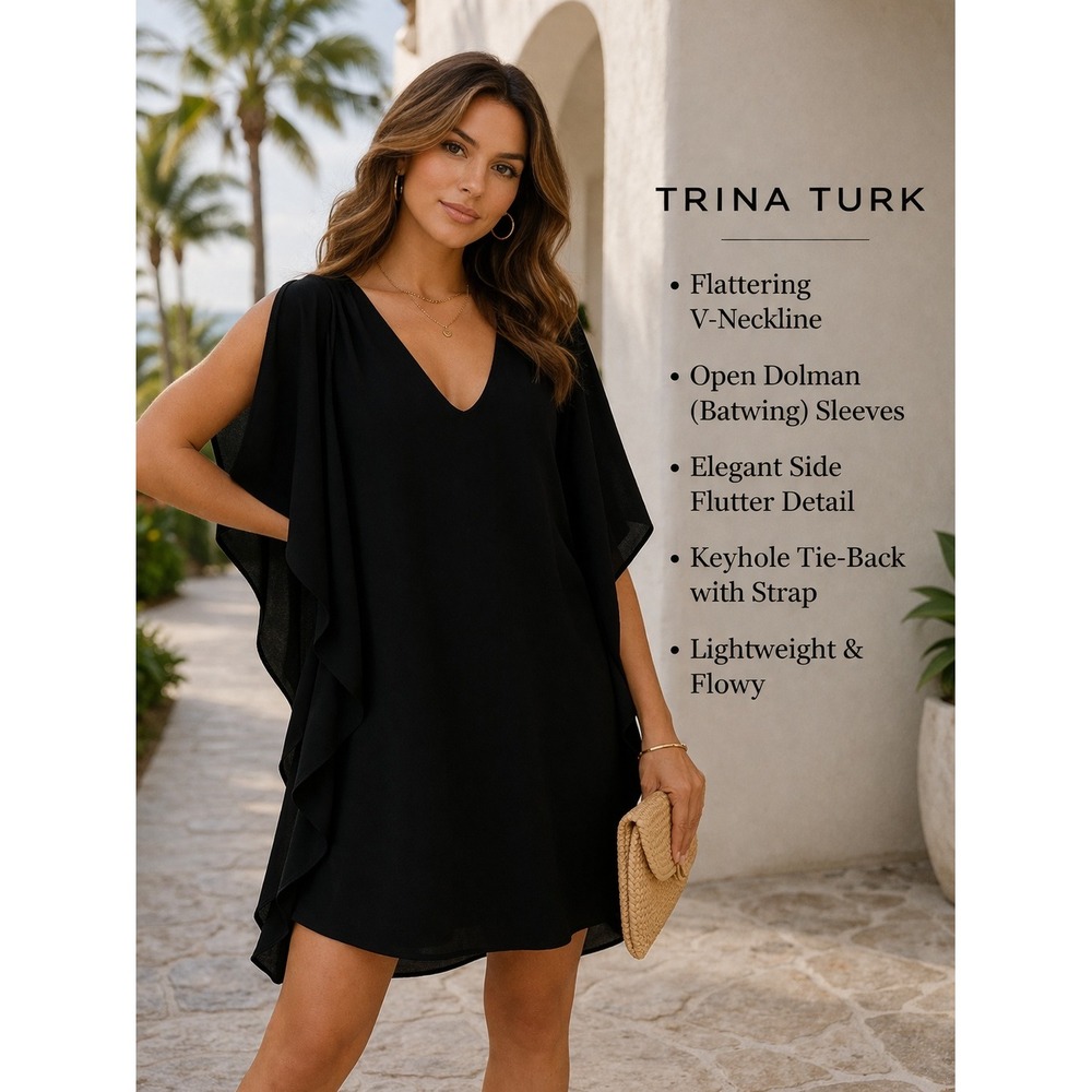 Trina Turk Haipo Dress Black V-Neck Draped Cape Sleeve Shift Mini XS NWT $288